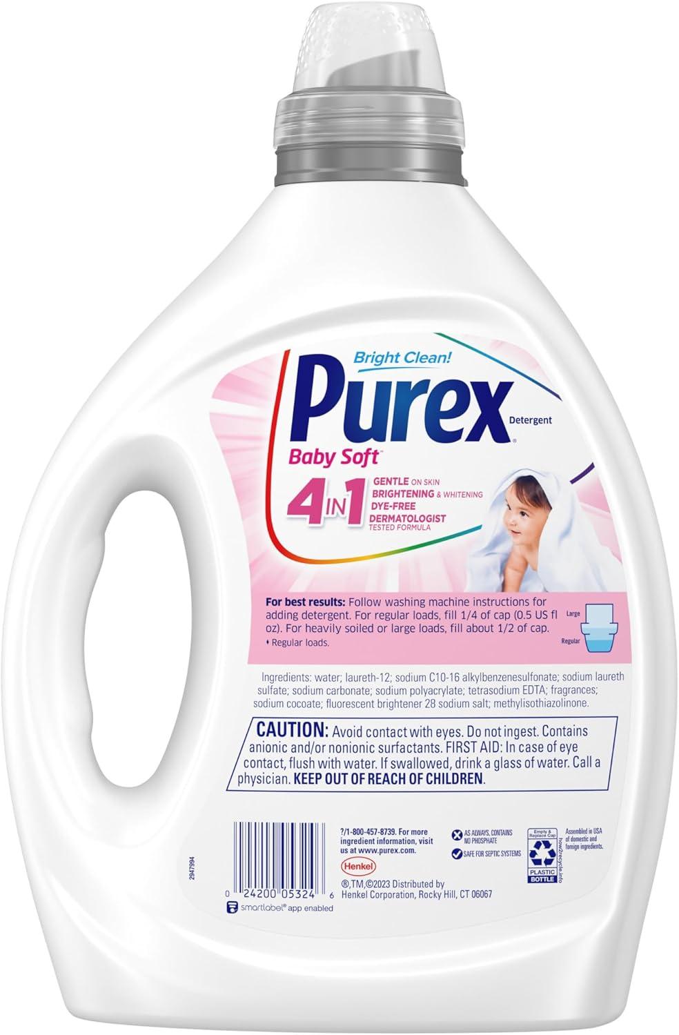 imagePurex Baby Soft Liquid Laundry Detergent Ultra Concentrated 825 fl oz 165 Loads Hypoallergenic Dye Free Gentle on Skin825 Fl Oz Pack of 2