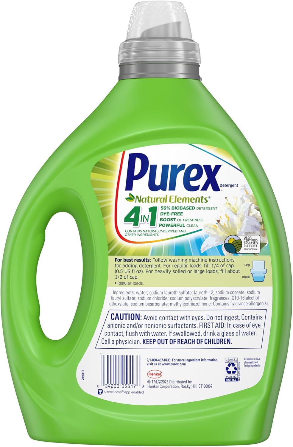 imagePurex Natural Elements Fresh Lilies amp Linen Liquid Detergent 825 oz 165 Loads UltraConcentrated DyeFree USDA Certified Biobased Product3x