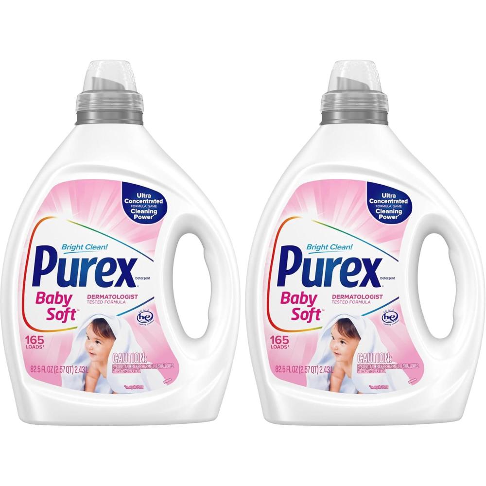 imagePurex Baby Soft Liquid Laundry Detergent Ultra Concentrated 825 fl oz 165 Loads Hypoallergenic Dye Free Gentle on Skin825 Fl Oz Pack of 2